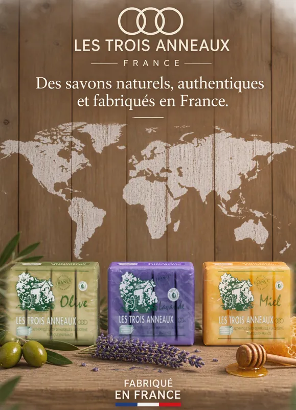 Savons naturels, authentiques et fabriqués en France, devant une carte du monde