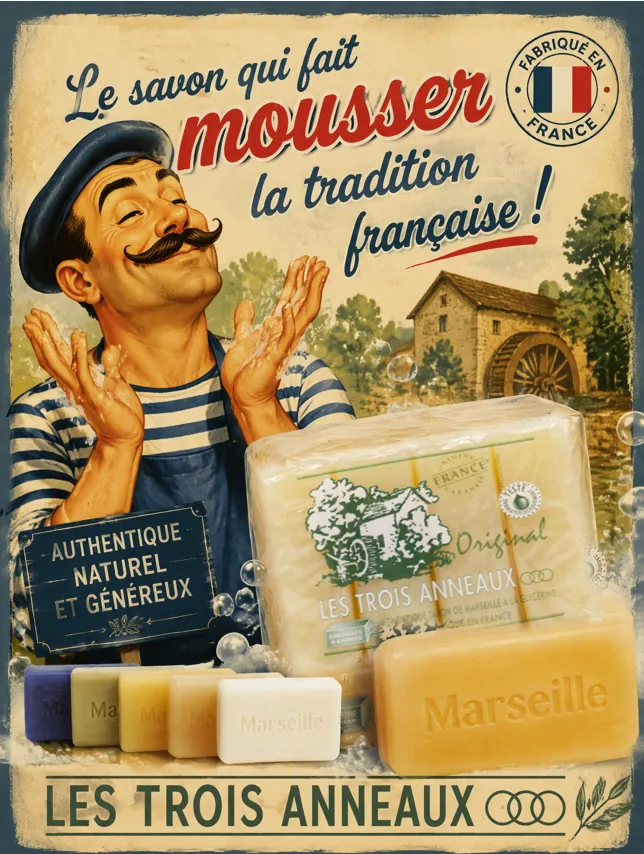 Affiche rétro : savons de Marseille authentiques à la glycérine