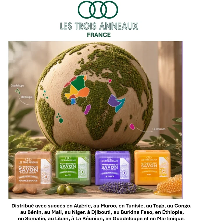 Globe terrestre et savons Les Trois Anneaux : pays où nos savons sont distribués