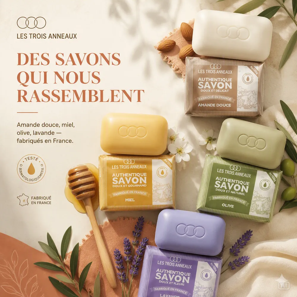 Savons de toilette amande, miel, olive et lavande entourés de fleurs, de miel et d'amandes