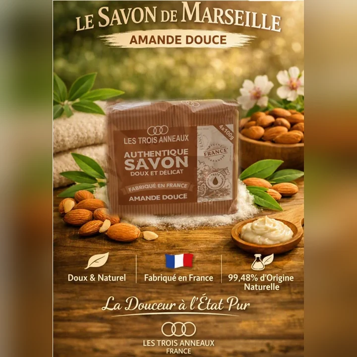 Savon de toilette Amande douce entouré d'amandes et de fleurs