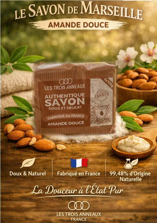 Savon de toilette Amande douce entouré d'amandes et de fleurs
