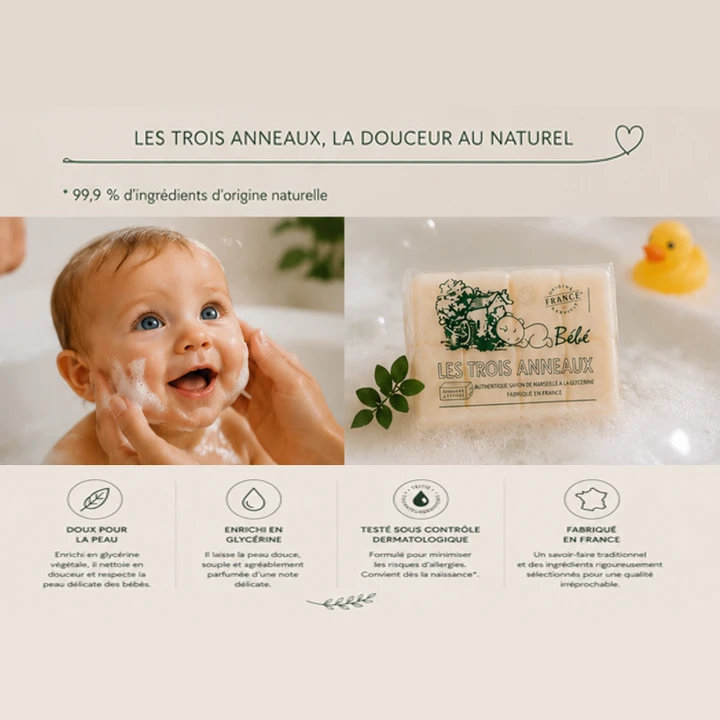 Un bébé souriant pendant son bain, à côté du pack Savon Bébé Les Trois Anneaux : doux pour la peau, 99,9 % d'ingrédients d'origine naturelle