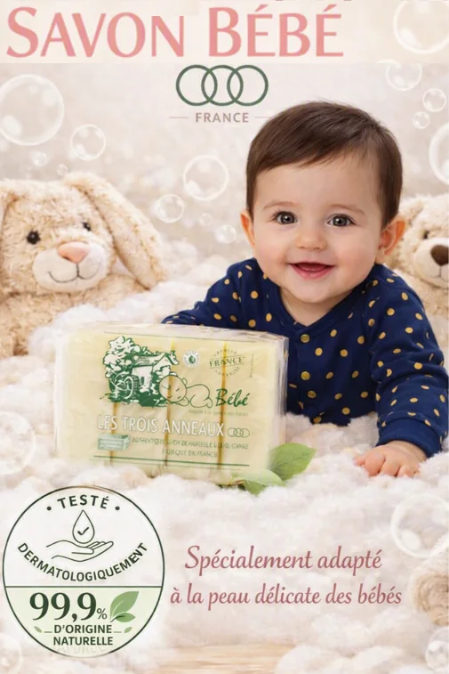 Affiche Savon Bébé : un bébé souriant dans la mousse