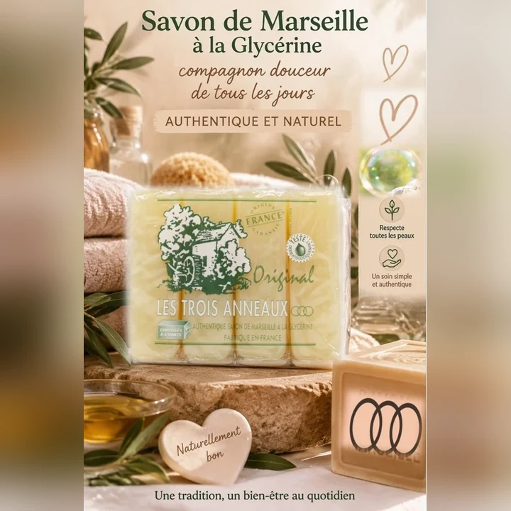 Pack de 4 savons de Marseille à la glycérine Original Les Trois Anneaux, sur un décor de serviettes et d'olivier