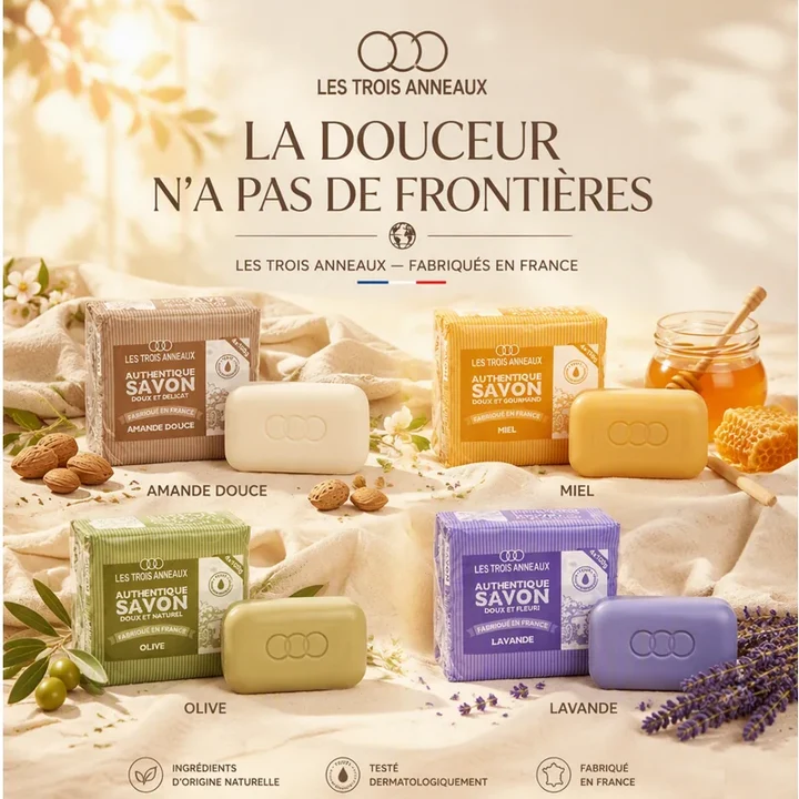 Savons de toilette amande douce, miel, olive et lavande sur un tissu clair